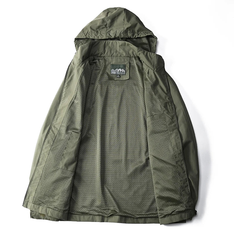 Veste de randonnée homme coupe-vent tactique à capuche amovible