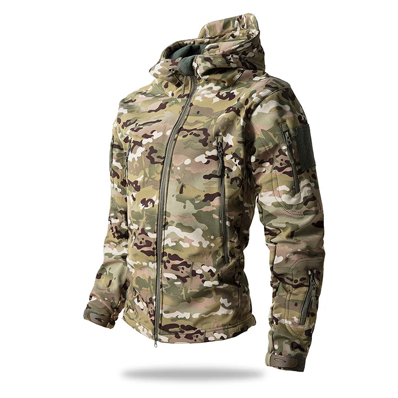 Veste de randonnée homme softshell tactique à capuche, doublée polaire