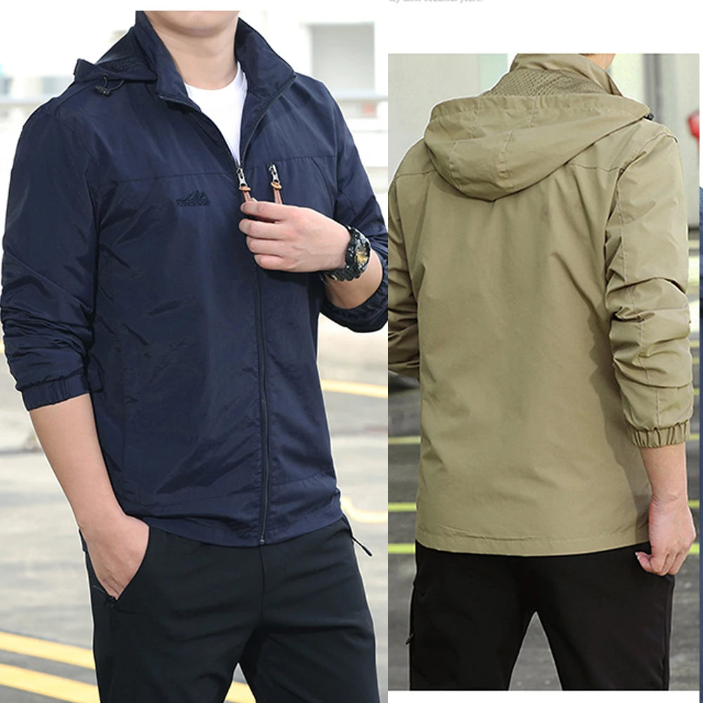 Veste de randonnée homme coupe-vent tactique à capuche amovible
