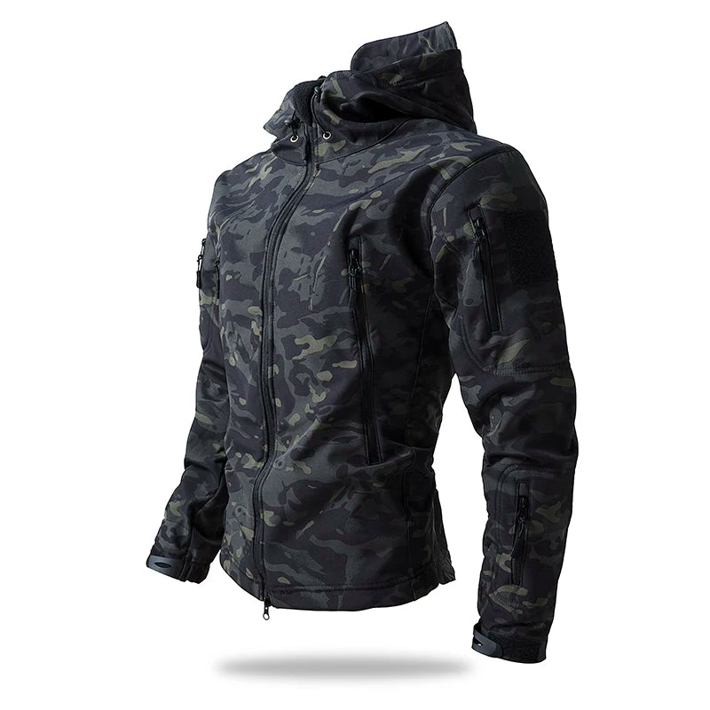Veste de randonnée homme softshell tactique à capuche, doublée polaire