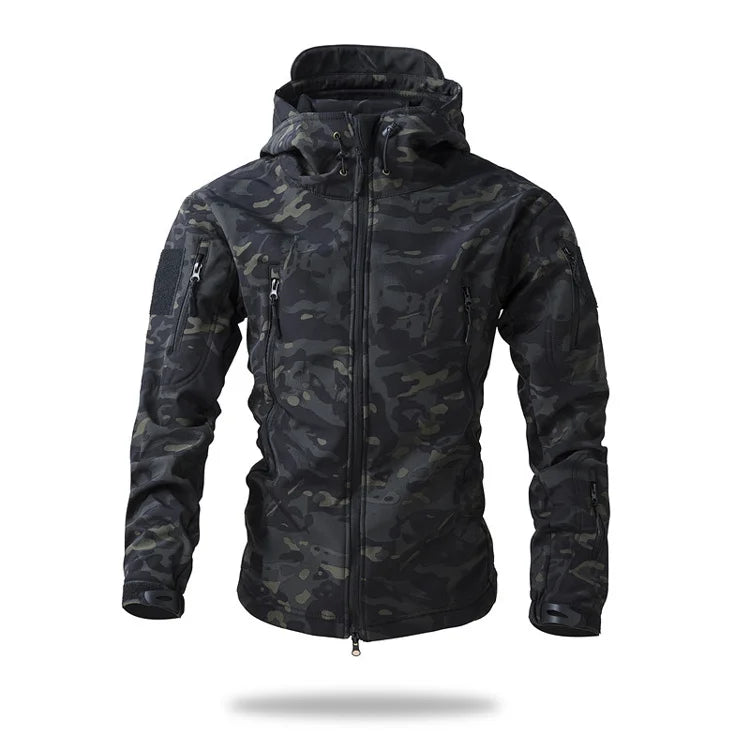 Veste de randonnée homme softshell tactique à capuche, doublée polaire