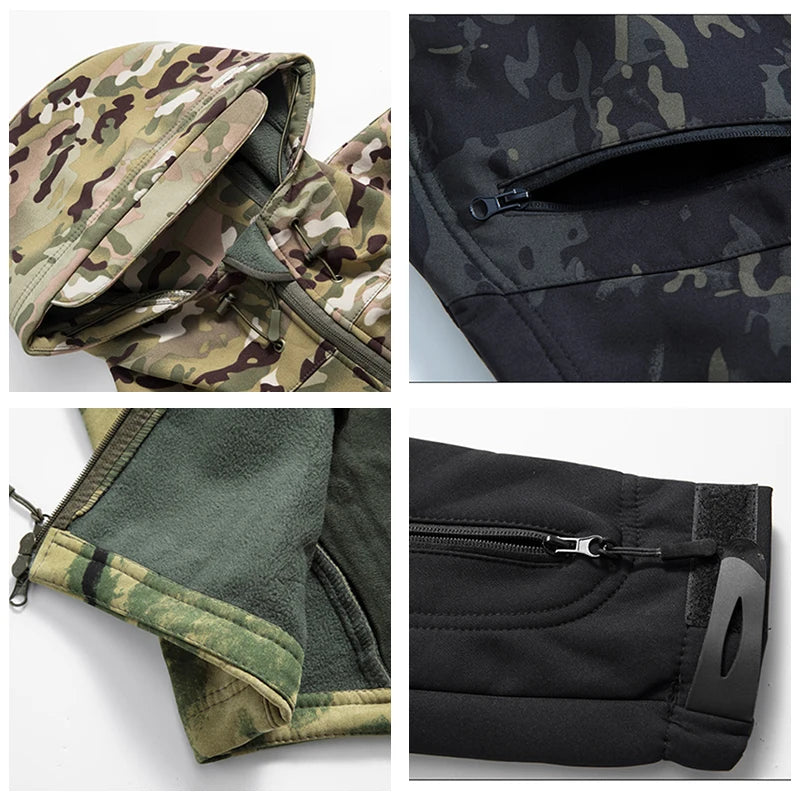 Veste de randonnée homme softshell tactique à capuche, doublée polaire