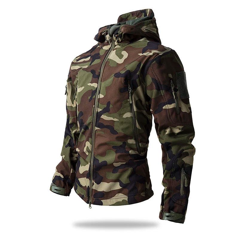 Veste de randonnée homme softshell tactique à capuche, doublée polaire